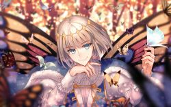 Rule 34 | 1boy, arthropod boy, blue cape, blue eyes, bug, butterfly, butterfly wings, cape, closed mouth, commentary request, crown, diamond hairband, fate/grand order, fate (series), fingernails, fur-trimmed cape, fur trim, grey hair, hand on own chin, hand up, highres, insect, insect on finger, insect wings, juliet sleeves, kuroaki, long sleeves, looking at viewer, moth, oberon (fate), puffy sleeves, shirt, smile, solo, upper body, white shirt, wings