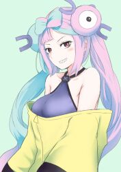 Rule 34 | 1girl, alternate breast size, armpit crease, bare shoulders, blue hair, breasts, character hair ornament, commentary, creatures (company), culter, game freak, gen 1 pokemon, green background, grin, hair ornament, halterneck, iono (pokemon), large breasts, long hair, magnemite, multicolored hair, nintendo, off-shoulder jacket, off shoulder, pink eyes, pink hair, pokemon, pokemon sv, sharp teeth, smile, solo, split-color hair, teeth, twintails, two-tone hair, upper body, very long hair, very long sleeves