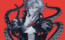 Rule 34 | 1boy, black coat, blonde hair, coat, command spell, daybit sem void, fate/grand order, fate (series), long sleeves, looking at viewer, male focus, open clothes, open coat, partially colored, red background, sei 8220, shirt, short hair, solo, tentacles, trench coat, white shirt