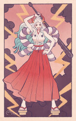 Rule 34 | 1girl, arm behind head, arm up, club, club (weapon), commentary, earrings, full body, geta, green hair, hair ornament, hakama, hand on own hip, holding, holding weapon, horns, japanese clothes, jewelry, kanabou, kimono, looking at viewer, micyomon, multicolored hair, one piece, open mouth, ponytail, red hakama, red horns, rope, shimenawa, sidelocks, signature, sleeveless, sleeveless kimono, smile, smoke, solo, thunder, v-shaped eyebrows, weapon, white hair, white kimono, yamato (one piece)