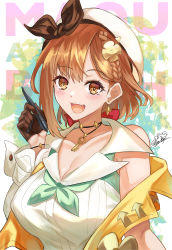 Rule 34 | 1girl, absurdres, atelier (series), atelier ryza, atelier ryza 2, bare shoulders, blouse, blush, braid, breasts, brown eyes, brown hair, cleavage, collarbone, collared shirt, hat, highres, jewelry, key, key necklace, large breasts, looking at viewer, necklace, nez-box, open mouth, reisalin stout, shirt, short hair, side braid, smile, solo, white hat, white shirt