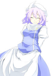 Rule 34 | 1girl, ^ ^, arms behind back, batsu, closed eyes, female focus, happy, hat, letty whiterock, light purple hair, short hair, simple background, smile, solo, standing, touhou, white background