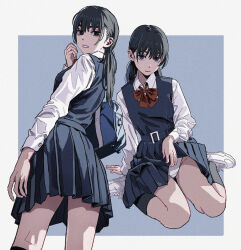 Rule 34 | 1girl, bag, belt buckle, black dress, black hair, black socks, buckle, chainsaw man, clothes lift, dress, dress lift, highres, kneepits, lifted by self, long sleeves, mitaka asa, multiple views, neck ribbon, panties, pantyshot, pinafore dress, pleated dress, presenting, red ribbon, ribbon, school bag, school uniform, shiren (ourboy83), shirt, shoes, simple background, sitting, skirt, skirt lift, sleeveless, sleeveless dress, sneakers, socks, twintails, two-tone background, underwear, wariza, white panties, white shirt