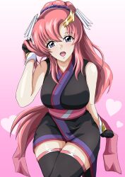 Rule 34 | 1girl, absurdres, bare shoulders, black gloves, blue eyes, breasts, gloves, gundam, gundam seed, gundam seed freedom, hair ornament, heart, highres, japanese clothes, lacus clyne, large breasts, long hair, looking at viewer, open mouth, pink hair, ponytail, safety kaijo, sleeveless, smile, solo, very long hair