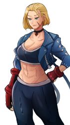 Rule 34 | 1girl, abs, absurdres, alternate hair length, alternate hairstyle, black choker, black pants, blonde hair, blue eyes, blue jacket, breasts, cammy white, capcom, choker, cleavage, cropped jacket, facial scar, fingerless gloves, gloves, hand on own hip, highres, jacket, leather, leather jacket, medium breasts, midriff, pants, red gloves, scar, scar on cheek, scar on face, shadowcero, short hair, solo, street fighter, street fighter 6, vambraces