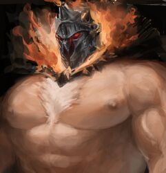 Rule 34 | 1boy, absurdres, amm134 (anmei ftnn), bara, chest hair, chest harness, dark-skinned male, dark skin, embers, glowing, glowing eyes, harness, helmet, highres, large pectorals, male focus, muscular, muscular male, nipples, pectorals, red eyes, solo, strongman waist, surtr (housamo), tokyo houkago summoners, upper body