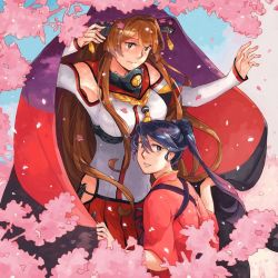 Rule 34 | 2girls, armband, armpits, bare shoulders, blue eyes, blue hair, blush, breasts, brown eyes, brown hair, cherry blossoms, cloak, closed mouth, collar, commentary request, day, detached sleeves, flower, hair between eyes, hair flower, hair ornament, headgear, hip vent, houshou (kancolle), japanese clothes, kantai collection, kimono, long hair, long sleeves, looking at viewer, miniskirt, multiple girls, parted lips, petals, pink kimono, pleated skirt, ponytail, red skirt, shaded face, skirt, sky, smile, tasuki, tree, weidashming, wide sleeves, yamato (kancolle), z-flag