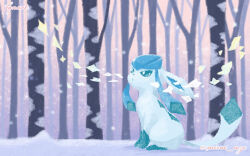 Rule 34 | animal focus, bare tree, blue eyes, bright pupils, creatures (company), forest, game freak, gen 4 pokemon, glaceon, mizue, nature, nintendo, no humans, open mouth, pokemon, pokemon (creature), sitting, snow, tree, twitter username, white pupils, winter