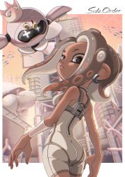 Rule 34 | 1girl, agent 8 (splatoon), arm warmers, ass, bare shoulders, bodysuit, breasts, chromatic aberration, copyright name, coral, drone, earrings, film grain, floating hair, gradient hair, grey eyes, grey hair, highres, jewelry, long hair, multicolored hair, neck ring, nintendo, octoling, octoling girl, octoling player character, orange hair, parted lips, pearl drone (splatoon), school of fish, single arm warmer, small breasts, splatoon (series), splatoon 3, splatoon 3: side order, suction cups, sumaboooo, tentacle hair, two-tone hair, white arm warmers, white bodysuit, zipper