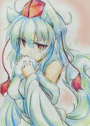 Rule 34 | 1girl, absurdres, animal ears, bad id, bad pixiv id, biting, colored pencil (medium), detached sleeves, eating, female focus, hat, highres, inubashiri momiji, kitazinger, red eyes, short hair, solo, tail, tokin hat, touhou, traditional media, white hair, wolf ears, wolf tail