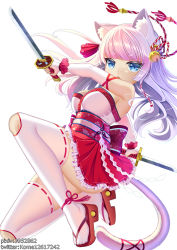 Rule 34 | 1girl, animal ears, bare shoulders, bell, blue eyes, blunt bangs, breasts, cat ears, commentary request, dual wielding, elbow gloves, fingerless gloves, full moon, gloves, hair bell, hair ornament, highres, holding, holding weapon, japanese clothes, long hair, looking at viewer, medium breasts, miko, ming (3952862), moon, ninja, nontraditional miko, open mouth, original, pink hair, platform footwear, ribbon-trimmed legwear, ribbon trim, short sword, solo, strapless, sword, thighhighs, weapon, white background, white thighhighs