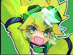Rule 34 | 1boy, blonde hair, digimon, goggles, goggles on head, green eyes, male focus, open mouth, personification, pulsemon, solo