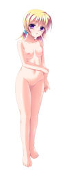 Rule 34 | 1girl, absurdres, bad id, bad pixiv id, barefoot, blonde hair, breasts, collarbone, completely nude, full body, hair between eyes, highres, kouichi eiji, looking at viewer, navel, nipples, no pussy, nude, original, purple eyes, short hair, simple background, small breasts, solo, standing, white background
