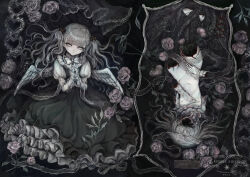 Rule 34 | 1girl, amputee, angel wings, breasts, commentary request, crying, crying with eyes open, doll, dress, expressionless, faceless, feathered wings, flower, frilled dress, frills, goth fashion, grey eyes, grey hair, lace, long hair, looking at viewer, multiple views, nude, original, own hands clasped, own hands together, pale skin, puffy short sleeves, puffy sleeves, quadruple amputee, rose, rotational symmetry, short sleeves, small breasts, sumire shisei, tears, twintails, wavy hair, white wings, wings