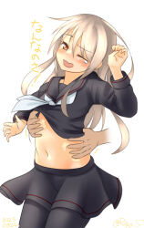 Rule 34 | 1girl, 1other, black pantyhose, black serafuku, black shirt, black skirt, brown eyes, clothes lift, commentary request, cowboy shot, disembodied hand, grey hair, kantai collection, kikuzuki (kancolle), navel, one-hour drawing challenge, one eye closed, pantyhose, pleated skirt, ray.s, school uniform, serafuku, shirt, shirt lift, simple background, skirt, solo focus, tickling, tickling sides, wavy mouth, white background