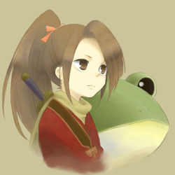 Rule 34 | 1girl, brown background, brown eyes, brown hair, frog, fujibayashi suzu, japanese clothes, long hair, lowres, ponytail, scarf, tales of (series), tales of phantasia, weapon