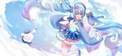 Rule 34 | 1girl, :d, absurdres, animal, blue gloves, blue hair, blue kimono, bobo (6630978), bonnet, clothed animal, commentary request, floating hair, fox shadow puppet, fur-trimmed sleeves, fur trim, gloves, gradient legwear, hand up, hatsune miku, highres, japanese clothes, kimono, long hair, long sleeves, looking at viewer, multicolored hair, open mouth, pink hair, pink thighhighs, purple eyes, rabbit, rabbit yukine, smile, thighhighs, twintails, two-tone hair, very long hair, vocaloid, white thighhighs, yuki miku, yuki miku (2023)