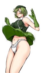 Rule 34 | 1girl, absurdres, beret, blush, bob cut, bow, bow panties, closed mouth, clothes lift, crotch seam, cutie honey, fang, frown, gloves, green eyes, green gloves, green hair, green hat, green shirt, green skirt, hat, highres, idol honey, itachou, kisaragi honey, looking to the side, miniskirt, motion blur, navel, panties, shirt, short hair, simple background, skin fang, skirt, skirt lift, sleeveless, sleeveless shirt, solo, standing, sweat, underwear, w arms, white background, white panties, wind, wind lift