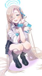 Rule 34 | 1girl, asuna (blue archive), black skirt, black socks, blue archive, blue eyes, blue nails, blue scrunchie, blush, breasts, cellphone, cleavage, hair over one eye, hair ribbon, halo, highres, holding, holding phone, kneehighs, large breasts, light brown hair, loafers, long hair, looking at viewer, mole, mole on breast, munikomamu, nail polish, phone, pleated skirt, ribbon, school uniform, scrunchie, shirt, shoes, skirt, sleeves rolled up, smartphone, smile, socks, solo, squatting, v, very long hair, white shirt, wrist scrunchie