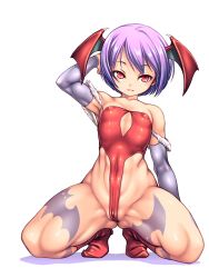 Rule 34 | 1girl, arm behind head, armpits, breasts, capcom, chabo (fuketsudan), covered navel, highres, legs, leotard, lilith aensland, small breasts, smile, squatting, thick thighs, thighs, toned, vampire (game), wedgie