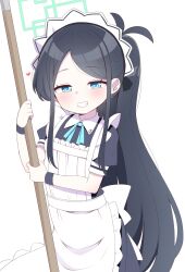 Rule 34 | absurdly long hair, apron, aris (blue archive), aris (maid) (blue archive), black hair, blue archive, blue eyes, broom, grin, halo, heart, highres, long hair, maid, maid apron, maid headdress, nihohohi, official alternate costume, official alternate hairstyle, ponytail, simple background, smile, very long hair, white background, wrist cuffs