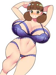 Rule 34 | 1girl, armpits, arms up, bellupup, blush, bra, breasts, breasts apart, brown eyes, brown hair, dot nose, dutch angle, female focus, grin, highres, huge breasts, legs, lingerie, looking at viewer, matching hair/eyes, mature female, mega man (series), mega man battle network, ms. mari (mega man), navel, panties, purple bra, purple panties, smile, solo, twintails, underwear, white background, wide hips