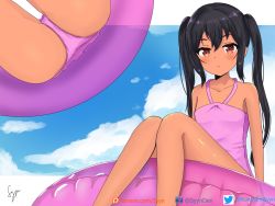 Rule 34 | 00s, 1girl, ass, bare arms, bare legs, bare shoulders, blue sky, blush, casual one-piece swimsuit, closed mouth, cloud, collarbone, dark skin, day, facebook logo, facebook username, feet out of frame, flat chest, from above, highres, innertube, k-on!, long hair, multiple views, nakano azusa, one-piece swimsuit, outdoors, patreon logo, patreon username, pink one-piece swimsuit, red eyes, sidelocks, signature, sitting, sky, swim ring, swimsuit, syyn (syyndev), tan, twintails, twitter logo, twitter username, watermark, web address