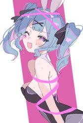 Rule 34 | 1girl, animal ears, armpit crease, bare shoulders, black ribbon, blue eyes, blue hair, bound, breasts, colored inner hair, detached collar, fake animal ears, flying sweatdrops, from side, hair ornament, hair ribbon, hatsune miku, heart, heart-shaped pupils, highleg, highleg leotard, highres, leotard, looking at viewer, medium breasts, multicolored hair, one eye closed, paragasu (parags112), pink hair, pink pupils, playboy bunny, pure pure (rabbit hole), rabbit ears, rabbit hole (vocaloid), ribbon, ribbon bondage, smile, solo, sweat, symbol-shaped pupils, teardrop facial mark, twintails, two-tone background, vocaloid, x hair ornament