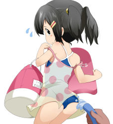 Rule 34 | 1girl, ass, bad id, bad pixiv id, bag, black eyes, black hair, blush, brown eyes, child, competition school swimsuit, dress, flying sweatdrops, from behind, frown, hair ornament, hairclip, hose, looking back, male hand, one-piece swimsuit, original, school swimsuit, see-through, short hair, short twintails, solo, strap slip, sundress, sweatdrop, swimsuit, tamakorogashi, tears, twintails, water