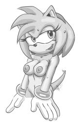Rule 34 | 1girl, amy rose, animal ears, animal nose, arm at side, breasts, collarbone, cowboy shot, cropped legs, female focus, furry, furry female, gloves, greyscale, hairband, half-closed eyes, happy, highres, looking at viewer, medium breasts, monochrome, motion lines, navel, nipples, open mouth, rockthebull, short hair, sidelocks, sideways mouth, simple background, sketch, smile, solo, sonic (series), standing, stomach, sweat, tail, tail wagging, white background, white gloves