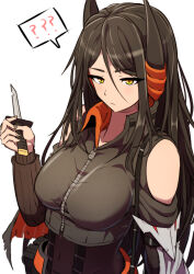 Rule 34 | 1girl, ?, ammunition belt, arknights, black hair, black jacket, bodystocking, breasts, closed mouth, clothing cutout, commentary, covered navel, cropped jacket, demon horns, english commentary, glaring, hair between eyes, highres, holding, holding knife, horns, ines (arknights), jacket, knife, long hair, looking at viewer, medium breasts, parted bangs, ribbed sleeves, samacho, shoulder cutout, simple background, solo, spoken question mark, upper body, white background, wing collar, yellow eyes, zipper, zipper pull tab