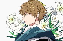 Rule 34 | 10s, 1boy, armor, blonde hair, blue eyes, fate/extra, fate/grand order, fate (series), flower, from side, gawain (fate), grey background, hair between eyes, lily (flower), male focus, parted lips, profile, simple background, solo, tenobe