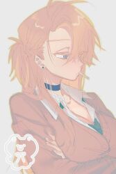 Rule 34 | 1girl, black choker, blonde hair, breasts, choker, chromatic aberration, cigarette, cleavage, degrees of lewdity, kuma 8311, large breasts, long hair, school uniform, simple background, skirt, solo, white background, white skirt, whitney (degrees of lewdity)
