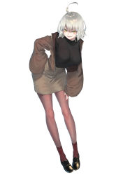 Rule 34 | 1girl, absurdres, ahoge, black footwear, black sweater, blush, breasts, casual, commentary request, dress, fate/grand order, fate (series), full body, highres, jacket, jeanne d&#039;arc (fate), jeanne d&#039;arc alter (avenger) (fate), jeanne d&#039;arc alter (fate), large breasts, leaning forward, long sleeves, looking at viewer, off-shoulder dress, off shoulder, open clothes, open jacket, pantyhose, rolua, silver hair, simple background, skirt, sleeves past wrists, smile, solo, standing, sweater, tsurime, white background, yellow eyes