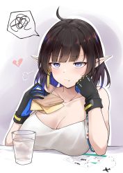 Rule 34 | 1girl, absurdres, ahoge, arknights, bare arms, bare shoulders, black gloves, black hair, blue eyes, blush, breasts, camisole, cleavage, collarbone, commentary request, cup, drinking glass, eunectes (arknights), eunectes (forgemaster) (arknights), food, gloves, hands up, highres, holding, holding food, large breasts, mango (mgo), official alternate costume, pointy ears, sandwich, short hair, solo, spaghetti strap, spoken squiggle, squiggle, upper body
