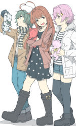 Rule 34 | 3girls, :d, ahoge, alternate costume, ankle boots, bad id, bad tumblr id, beret, black dress, black footwear, black gloves, black legwear, blouse, boots, brown eyes, brown hair, brown jacket, casual, checkered clothes, checkered scarf, coat, denim, denim shorts, dress, fang, full body, gloves, grin, hand in pocket, hat, heart, heart ahoge, holding, huge ahoge, hugging object, jacket, jeans, kantai collection, kiso (kancolle), knee boots, kuma (kancolle), long sleeves, multiple girls, ninimo nimo, open clothes, open coat, open mouth, pants, pink hair, pocket, polka dot, polka dot dress, profile, red eyes, red jacket, scarf, shirt, short hair, shorts, simple background, smile, striped clothes, striped shirt, stuffed animal, stuffed toy, tama (kancolle), teddy bear, teeth, thighhighs, two-handed, walking, white background, white coat, white hat