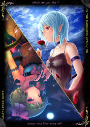 Rule 34 | 2girls, alternate hair color, armband, bare shoulders, blue hair, bow, camisole, cloud, collarbone, earrings, english text, engrish text, female focus, flandre scarlet, flat chest, flower, full moon, green hair, hair bow, jewelry, low wings, moon, multiple girls, nail polish, night, night sky, nipples, petals, pointy ears, ranguage, red eyes, remilia scarlet, rotational symmetry, see-through, shiki takuto, short hair, siblings, sisters, sky, touhou, wings