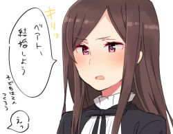 Rule 34 | 1girl, bad id, bad pixiv id, black jacket, blush, brown hair, dorothy (princess principal), jacket, long hair, looking away, open mouth, parted bangs, partially translated, princess principal, purple eyes, school uniform, shirt, simple background, solo, sorimachi-doufu, translation request, white background, white shirt