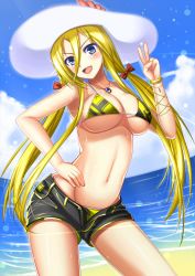 Rule 34 | 1girl, bad id, bad pixiv id, beach, bikini, blonde hair, blue eyes, blush, bow, bracelet, breasts, cloud, day, fisheye, hair bow, hand on own hip, hat, jewelry, large breasts, lily (vocaloid), long hair, navel, open fly, open mouth, outdoors, pendant, shibata mai, shiny skin, shorts, sky, smile, solo, swimsuit, twintails, unzipped, v, vocaloid