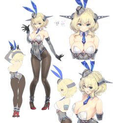Rule 34 | 1girl, absurdres, animal ears, ass, bare legs, black pantyhose, blonde hair, blue eyes, blue necktie, bow, breasts, cleavage, colorado (kancolle), commentary request, commission, cowboy shot, detached collar, headgear, highres, kantai collection, kiyama satoshi, large breasts, leotard, looking at viewer, multiple views, necktie, pantyhose, playboy bunny, rabbit ears, rabbit tail, short hair, side-tie leotard, simple background, skeb commission, smile, standing, strapless, strapless leotard, tail, upper body, white background, white footwear, white leotard, wrist cuffs