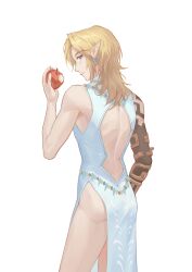 Rule 34 | 1boy, absurdres, alternate color, animal ears, apple, arm guards, arm tattoo, ass, backless outfit, bare shoulders, blonde hair, blue dress, blue eyes, chewing, cowboy shot, dress, eating, food, food bite, from behind, frostbite set (zelda), fruit, hand up, highres, holding, holding food, holding fruit, jewelry, lccdi, link, long hair, looking at viewer, male focus, necklace, nintendo, no detached sleeves, no pants, pelvic curtain, pointy ears, simple background, sleeveless, sleeveless dress, solo, tattoo, the legend of zelda, the legend of zelda: tears of the kingdom, white background, white dress