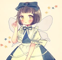 Rule 34 | 1girl, :s, alternate hair length, alternate hairstyle, blue bow, blue dress, blue ribbon, blunt bangs, blush, bob cut, bow, brown eyes, brown hair, closed mouth, cowboy shot, dress, fairy wings, frilled shirt collar, frills, grey background, hair bow, hand up, looking at viewer, puffy short sleeves, puffy sleeves, ribbon, short hair, short sleeves, simple background, solo, star-shaped pupils, star (symbol), star sapphire, symbol-shaped pupils, touhou, wings, yellow eyes, yujup