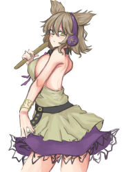 Rule 34 | 1girl, absurdres, adapted costume, backless outfit, bare shoulders, beige blouse, bracelet, breasts, brown hair, closed mouth, commentary request, contrapposto, cowboy shot, earmuffs, expressionless, from side, hair between eyes, hand up, highres, holding, holding stick, jewelry, kuraki, large breasts, looking at viewer, medium hair, purple skirt, ritual baton, simple background, skirt, solo, stick, touhou, toyosatomimi no miko, white background, yellow eyes
