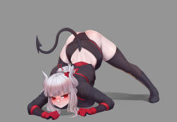 Rule 34 | 1girl, absurdres, all fours, arm rest, ass, black footwear, black gloves, black panties, black thighhighs, blunt bangs, blush, boots, breasts, clothes lift, commentary request, demon tail, flexible, flower, frown, full body, gloves, grey hair, hair flower, hair ornament, hair stick, helltaker, highres, horns, jack-o&#039; challenge, jdw, knee boots, large breasts, long hair, looking at viewer, lucifer (helltaker), medium hair, meme, mole, mole under eye, official alternate costume, panties, red eyes, red flower, red gloves, shiny skin, shirt lift, sidelocks, simple background, skirt, skirt lift, solo, spread legs, tail, thighhighs, top-down bottom-up, twintails, underwear, white horns