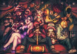 Rule 34 | 4boys, 4girls, absurdres, admiral bobbery, alcohol, animal ears, bottle, breasts, cleavage, crossed arms, cup, domino mask, drinking glass, facial hair, fangs, flurrie, goombella, hamburger man. (sumi80), hammer, hat, highres, hood, hoodie, koops, mallet, mario, mario (series), mask, mining helmet, mouse ears, mouse tail, ms. mowz, multiple boys, multiple girls, mustache, nintendo, overalls, paper mario, paper mario: the thousand year door, personification, sitting, smile, striped clothes, striped headwear, tail, thick lips, thighhighs, vivian (paper mario), wine bottle, wine glass, witch hat, yoshi