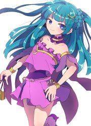 Rule 34 | 1girl, bare shoulders, blue eyes, blue hair, blunt bangs, blunt ends, blush, bracelet, closed mouth, collar, crescent, crescent hair ornament, crop top, detached collar, detached sleeves, folding fan, hair ornament, hand fan, highres, holding, holding fan, jewelry, long hair, looking at viewer, nojima minami, pretty series, pripara, purple collar, purple footwear, purple skirt, purple sleeves, simple background, skirt, smile, solo, standing, tsukikawa chili, two side up, white background
