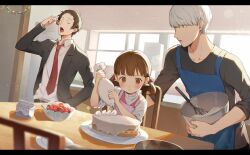 Rule 34 | 1girl, 2boys, adachi tooru, apron, baking, black hair, black jacket, black shirt, blazer, blue apron, blush, brown eyes, brown hair, buttoned cuffs, buttons, cake, child, closed eyes, doujima nanako, dress, eating, food, formal, fruit, grey eyes, grey hair, hair ribbon, hand in pocket, highres, icing, jacket, kitchen, letterboxed, light particles, long sleeves, looking at another, milk, multiple boys, narukami yuu, necktie, open mouth, paper chain, pastry bag, persona, persona 4, pink ribbon, red necktie, ribbon, shirt, short hair, short twintails, strawberry, strawberry shortcake, suit, twintails, whisk, white shirt, yoshino saku