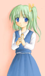 Rule 34 | 1girl, blue dress, blue eyes, blush, daiyousei, dress, female focus, green hair, hair ribbon, own hands clasped, lowres, neck ribbon, no wings, own hands together, ribbon, side ponytail, solo, embodiment of scarlet devil, touhou, yellow ribbon
