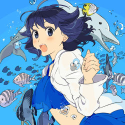 Rule 34 | 1girl, :o, animal request, blue background, blue eyes, blue hair, blue shirt, blue skirt, blush, bubble, crop top, damselfish, dolphin, fingernails, fish, fish request, floating hair, hand up, jacket, long sleeves, looking at viewer, open mouth, original, shirt, skirt, solo, tropical fish, umishima senbon, underwater, upper body, white jacket
