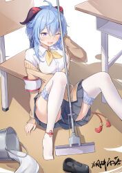 Rule 34 | 1girl, ahoge, blue hair, blush, breasts, bucket, chair, foot out of frame, ganyu (genshin impact), genshin impact, highres, horns, knees up, legs, long hair, looking at viewer, medium breasts, mob, no shoes, one eye closed, open mouth, panties, pantyshot, purple eyes, school uniform, shirt, shoes, unworn shoes, sidelocks, signature, sitting, skirt, smile, solo, table, thighhighs, thighs, underwear, white panties, white shirt, white thighhighs, yansuiyuluo